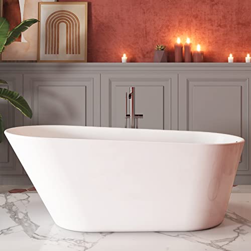 Image of 61 inch Single Slipper Freestanding Bathtub, 17 inch Deep Soaking Tub, Glossy White | Right Toe-Tap Chrome Drain, Slotted Overflow, Easy-Clean Modern Acrylic Tub for Bathroom, cUPC Certified, Capacity: 62 Gal