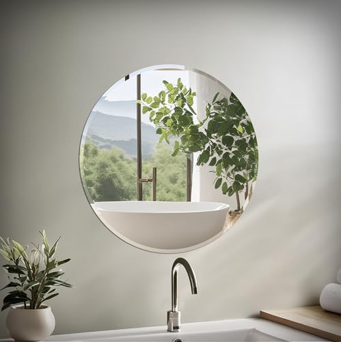 Image of Gatco 1806 Bathroom Wall Mirror, 25 inch Modern Mirror for Living Room, Vanity, Slim Design Beveled Frameless Round Mirror - Easy Mount Safety Bracket