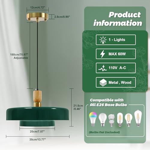 Image of Mid-Century Pendant Light Kitchen Island Chandelier Light Fixture Vintage Small Ceiling Light with 2-Tiers Metal Shade for Dining Room Living Room (Green, 2 Pack)