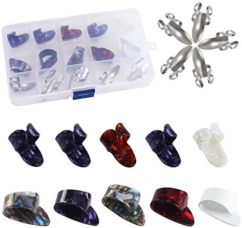 NACTECH 15 Pcs Finger and Thumb Picks 3 Size Plastic Metal Nail Plectrum Guitar Starter Kit with Grid Case Storage Box for Freestyle Banjo Bass Ukulele