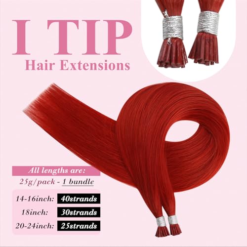 Image of YoungSee Itip Human Hair Extensions Red, Itips Hair Extensions Real Human Hair, 14 Inch 40 Strands 25g, I Tip Extension, Cold Fusion, Short Straight Hair, Can be Heat-styled