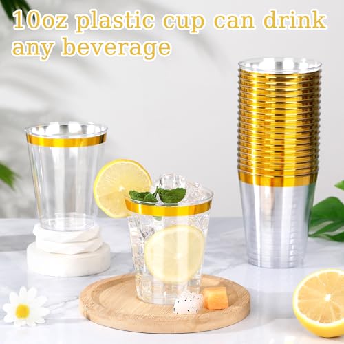 Image of 100 Pcs Gold Plastic Cups,10Oz Gold Rimmed Plastic Cups,Heavy Duty Gold Rim Clear Disposable Plasitc Cocktail Tumblers Wine Cup for Party,Wedding,Birthday,Holiday