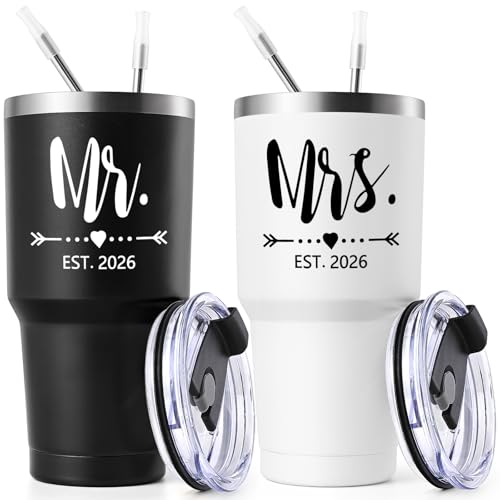 Lifecapido 25th Wedding Gifts, Couple Gifts for Parents Friends Hunsband Wife, 25th Mr Right & Mrs Always Right Tumbler Set with Lid & Straw(20oz, Black & White)