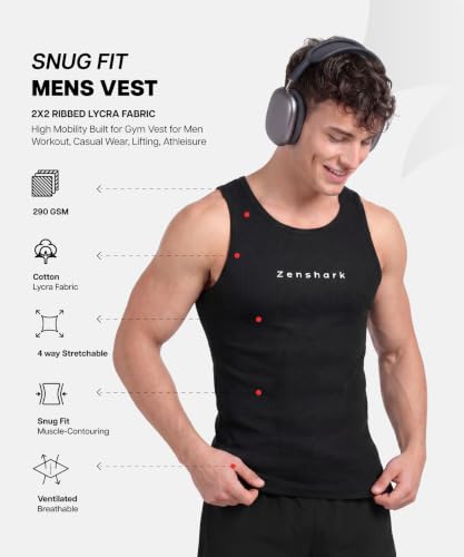 Image of ZENSHARK Gym Vest for Men | Sleeveless T Shirt Sando Tank Top | 2x2 Ribbed Cotton Lycra Ribbed Vest | Round Neck Slim Fit 4 Way Stretch | Sleeveless Gym T Shirt for Workout Training