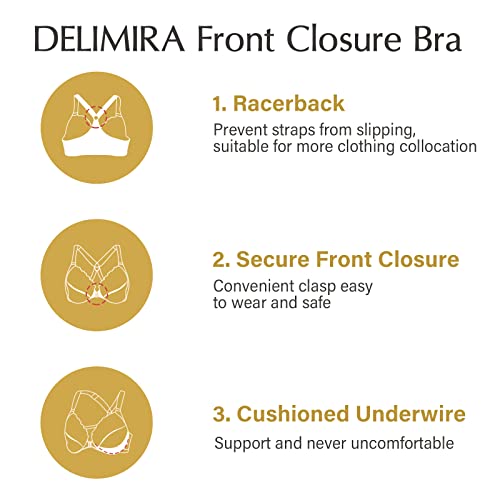 Delimira Women's Front Closure Plus Size Full Coverage Lace Underwire Racerback Bra Black 40Dd #TOP5