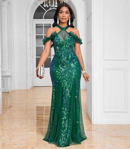 Image of Cololura Women Sexy Sequin Halter Neck Short Sleeve Mesh Perspective Party Bodycon Evening Cocktail Maxi Dress