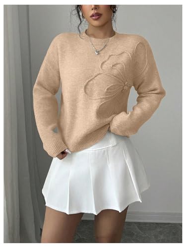 Image of RoseSeek Women's 3D Floral Appliques Crewneck Sweaters Long Sleeve Drop Shoulder Pullovers Elegant Knit Tops