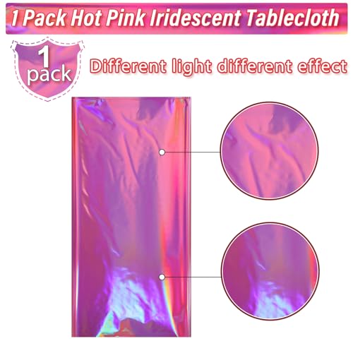 Image of 1 Pack Hot Pink Iridescence Plastic Tablecloths Shiny Disposable Laser Rectangle Table Covers Holographic Foil Tablecloth Iridescent Party Decorations Birthday Bridal Wedding Christmas, 54 x 108 Inch