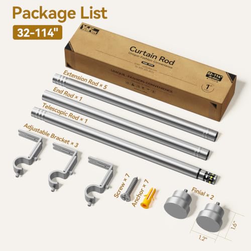 Image of YaFex Curtain Rods 32-114 Inch, Heavy Duty 1 Inch Diameter Silver