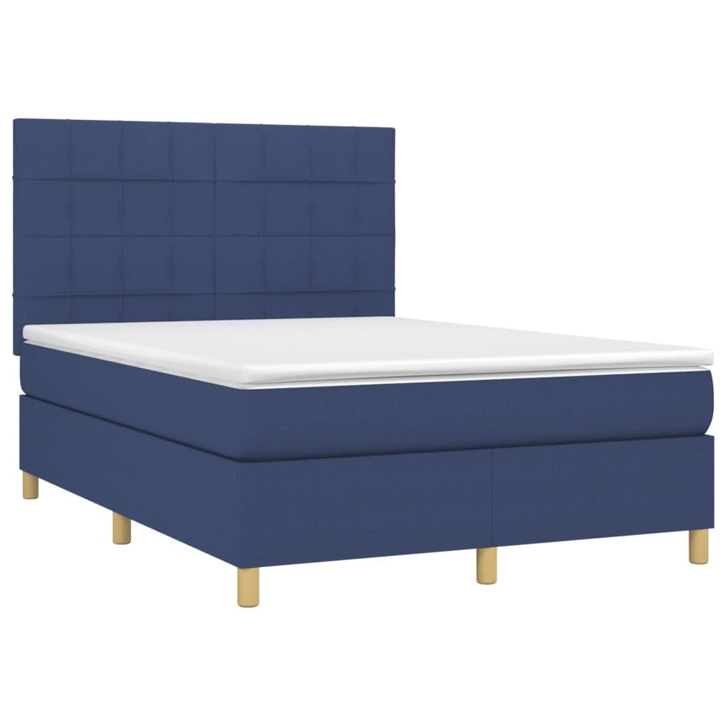 Cama con somier con colchón, color azul, 140 x 190 cm, funda de tela, cabecero ajustable, transpirable, para dormitorio, descanso cómodo
