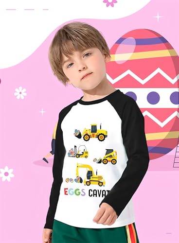 Tkria Boys Girls Easter Day Bunny Egg Hunt Shirts Raglan Long Sleeve Monster Truck Excavator Gnome Rainbow Top for Kid 2-10T3