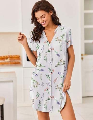 Image of Ekouaer Women V Neck Button Down Nightgown