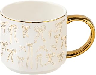 Sweet Water Decor Gold Bows Mug, 14oz Fine Bone China Coquette Tea Cup for Hot & Cold Drinks, Cute Coffee Mug with Golden Bow Patterned Design, Gold Handle & Rim, Gifts for Women