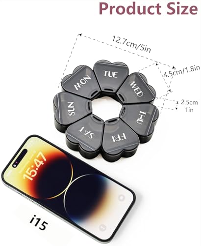 Image of MOLN HYMY Large Pill Organizer 7 Day, Pretty Weekly Pill Box Case, Girly Medicine Dispenser Container for Vitamin, Gummy, Medication, Supplement (Black)
