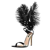 onlymaker Women's Lace up High Heel Sandals Fashion Feathers Stelitto Sandals for Women Dress Shoes For Party Prom Black US 13