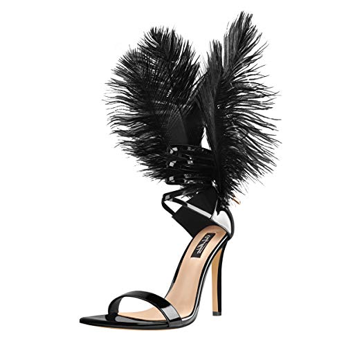 Onlymaker Women's Lace Up High Heel Sandals Fashion Feathers Stelitto Sandals For Women Dress Shoes For Party Prom Black Us 13 #TOP19