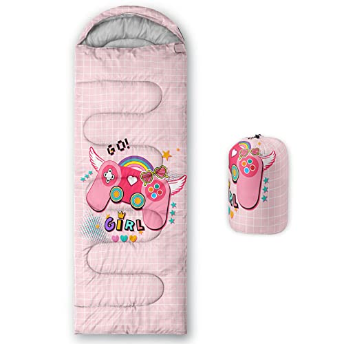 Bolsa de dormir para niños, color rosa con estampado de gamepad, ligera, cálida, portátil, resistente al agua y al frío para camping y senderismo miniatura 1