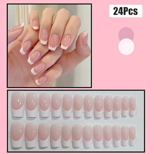 Image of Gloss & Go 24 Reusable Artificial Fake Nail Set| Frech Style Peach And White Short Square Glossy Press On Nails| Lightweight & Long Lasting| Easy To Use| Quick Fix For Festivals & Special Occasions