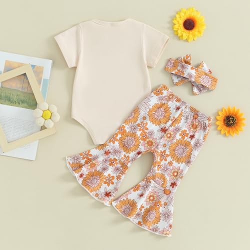 Karuedoo Newborn Baby Girl Summer Outfits Auntie's Little Bestie Romper Floral Flared Pants Headband 3Pcs Clothes Set3