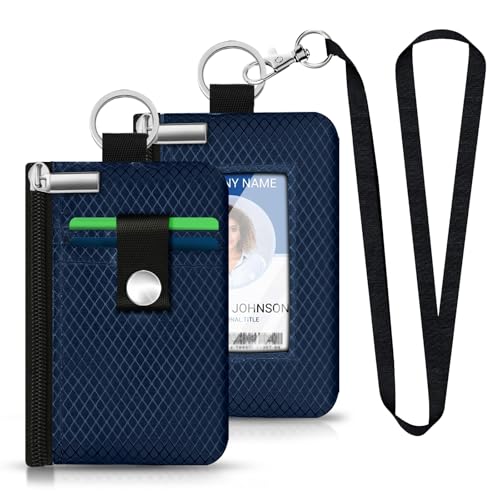 Image of Minimalist RFID Blocking Small Wallet with ID Window,WaterResistant Zip Id Case Wallet with Lanyard Keychain for Cards,Cash,Travel,Women,Men (Dark blue)