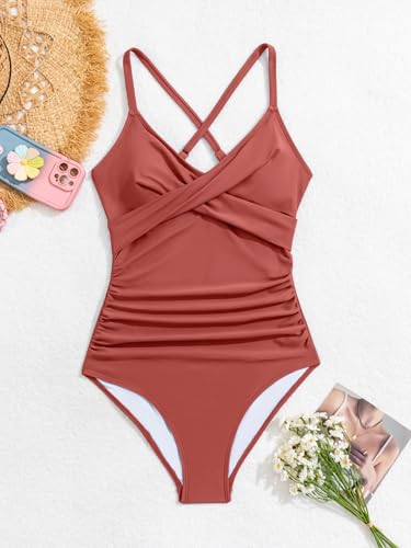Image of B2prity Women's One Piece Swimsuit Tummy Control Front Cross Bathing Suit | Slimming Ruched ,Tie Back,Wrap Front,Adjustable Straps,Soft Removable Cups for beach, pool and vacation wear