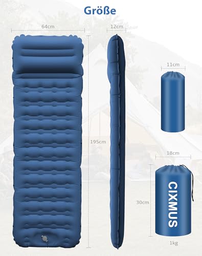 CIXMUS Aufblasbare Isomatte Camping mit Fußpumpe und Kopfkissen, 12 cm verdickt – Bequem, Ultraleicht, Kleines Packmaß, Koppelbar… – Ansicht 2