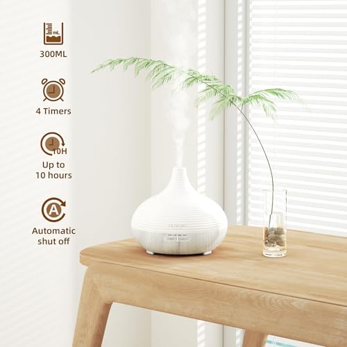 ASAKUKI 300ML Essential Oil Diffuser, Wood Grain BPA-Free Whisper Quiet 5-in-1 Cool Mist Humidifier, Natural Home Fragrance Diffuser with 14 Colors LED Lights and Easy to Clean - White by ASAKUKI - Image 3