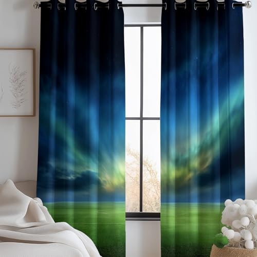 Rideaux occultants polyester bleu-vert avec oeillets L140xH160 - 2