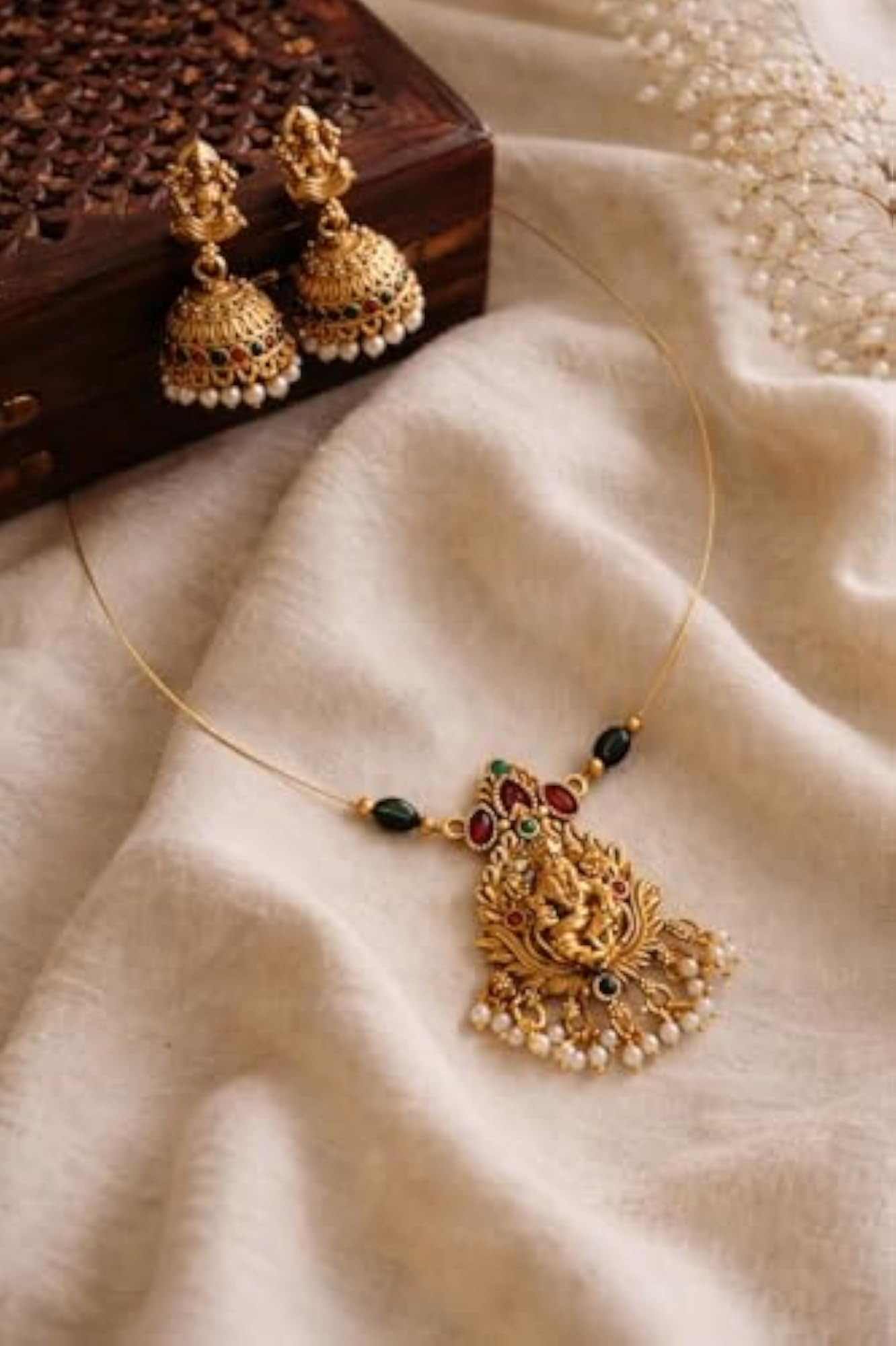 Antique Gold Plated Lakshmi Necklace Set with Jhumka Earrings