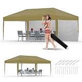 10x20Ft Pop Up Canopy, Instant Canopy Tent with Sidewalls, Outdoor Canopy with Portable Roller Bag, 3 Adjustable Height & 4 Weight Bags, Waterproof, Outdoor Shelter Tent for Beach Event Camping, Khaki