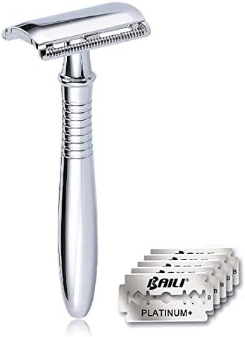 BAILI Classic 3-Piece Metal Double Edge Eco Safety Razor Long Handle Wet Shaving Kit for Men Women with 5 Platinum Blades BD191
