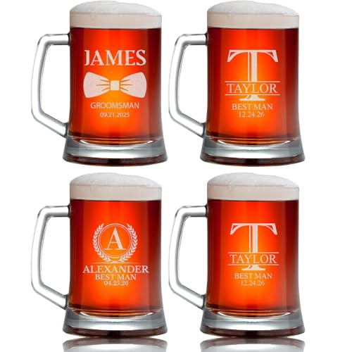 Personalized Groomsmen Gift, 17oz Beer Glass with Handle, Custom Beer Mug Best Man with Etched Name, Engraved Gifts for Wedding Favors, Best Man Proposal Gifts, Bachelor Party