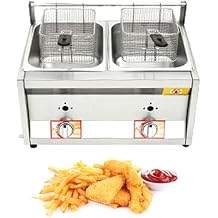 Gas Deep Fryer Dual Tanks Commercial Countertop With 10Lx2 Basket And Lid - Stainless Steel Large Capacity Propane LPG For French Fries Home Kitchen Restaurant