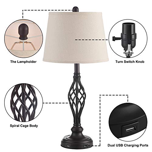 Kakanuo Table Lamps Vintage Bedside Lamp With Dual Usb Charging Ports For Living Room Set Of 2, Farmhouse Nightstand Lamps, 27'' Retro Lamp With Spiral Cage Design Base For Bedroom, Guest Room #TOP3