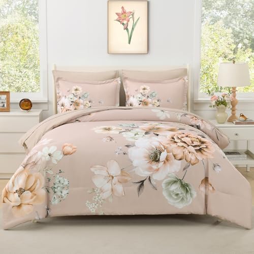 Image of Floral Comforters Queen Size 7 Pieces Botanical Dusty Pink Flower Bed in a Bag Ulter Soft Microfiber Bedding Set, Lightweight Bed Comforter Set with Sheets for All Season (Dusty Pink, Queen)