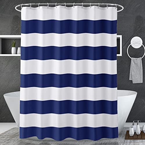 Image of AmazerBath Navy Blue Shower Curtain Stripes, 72 inch W x 72 inch H Blue and White Shower Curtain, Fabric Shower Curtains for Bathroom with 2 Heavy Stones, Water Repellent