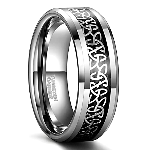 Greenpod 6mm 8mm Tungsten Rings for Men Women Silver Beveled Edge Celtic Knot Rings Black Carbon Fiber Inlay Wedding Bands for Him Size 5-15