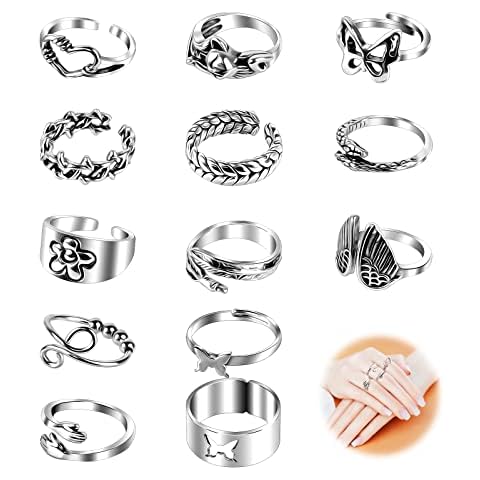 LiangDian Vintage Punk Rings 12Pcs Open Rings Set 1.55-1.8cm Adjustable Silver Ring Set with Snake Butterfly Hug Rings Stackale Knuckle Ring for Women Girls Cover