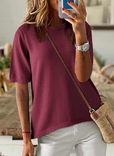 Image of Dokotoo Womens Tops 2026 Casual Summer Crewneck Short Sleeve Striped Color Block Knit High Low Trendy Pullover Sweaters
