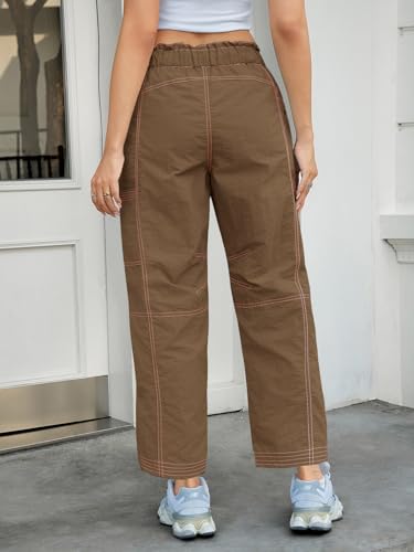 Fisoew Womens Baggy Cargo Pants Elastic Waist Contrast Stitch Track Pants Loose Hiking Joggers with Pockets4