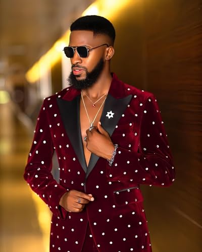 Fashion Men's Velvet Suits with Rhinestones 2 Pieces Prom Tuxedos Regular Fit Peak Lapel Blazer Pants for Wedding2