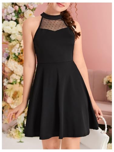 SHENHE Girl's Halter Neck Sleeveless Mesh A Line Flared Flowy Elegant Short Party Dress4