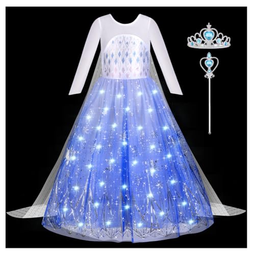 Aomig LED Light up Robe Princesse Fille, Déguisement de Cape Lumineux, Costume Princesse avec Accessoires de Baguette Magique Couronne Fête d'Anniversaire Halloween Noël Cosplay(100)