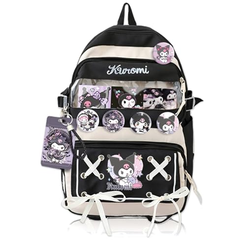 Image of Roffatide Anime Kuromi Kawaii Backpack with 21Pcs Accessories Cartoon Travel Aesthetic New Semester Gifts Bag with Cute Pins Anti-Theft Laptop Backpack Travel Hiking Daypacks Rucksack Black