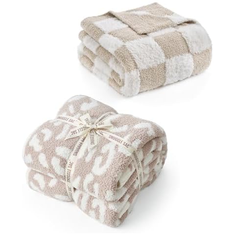 Snuggle Sac Reversible Beige Leopard Blanket 50x60 inches and Checkered Faux Fur Microfiber Throw Blanket 50x60 inches Cover