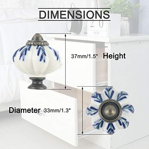 Uxcell 2Pcs Ceramic Knobs Vintage Knob Drawer Round Pull Handle Furniture Cupboard Dresser Door Decorative, White + Blue #TOP4