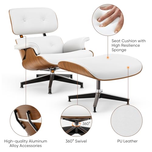 Image of Top White PU Leather, Mid Century Chaise Lounge Chair and Ottoman, Modern Chair Classic Design, Walnut Wood, Heavy Duty Base Support for Living Room Office
