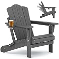 KINGYES 3-Position Adjustable Folding Adirondack Chair, Reclining Backrest Adironadck Chairs with Cup Holder, HDPE All-Weather Resistant Adirondack for Deck, Patio, Fire Pit, Grey