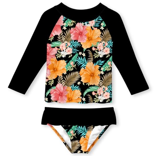 Image of Funnycokid Girls Swimsuit Toddler Bathing Suit Long Sleeve 2 Piece Rash Guard Set for Kids 2-10 Years