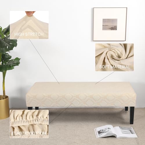 Image of SearchI Dining Bench Cover, Stretch Washable Long Bench Seat Covers, Rectangle Dining Table Bench Slipover for Dining Room, Living Room, Kitchen(Hexagon Jacquard Beige)
